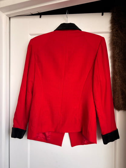 VINTAGE 100% WOOL RED BLAZER WITH VELVET DETAILS - S