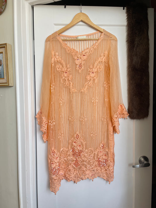 PEACH BEADED ORGANZA KAMEEZ SET