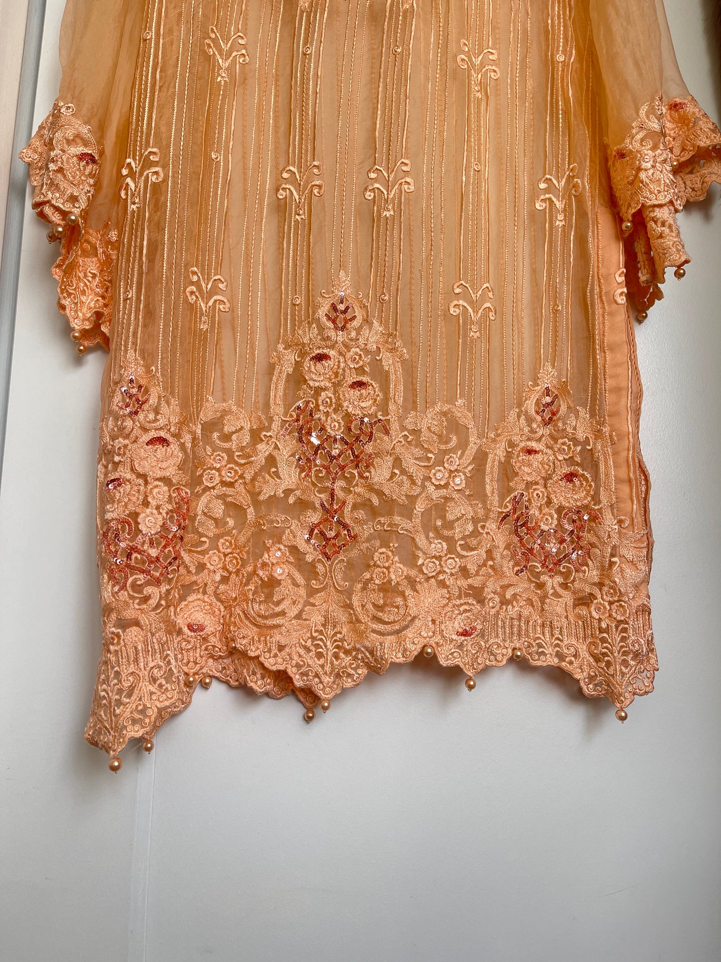 PEACH BEADED ORGANZA KAMEEZ SET