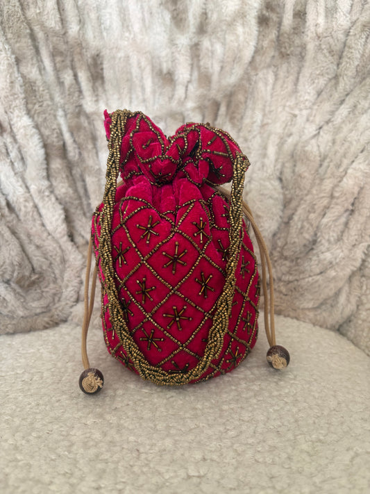 PINK VELVET POTLI BAG