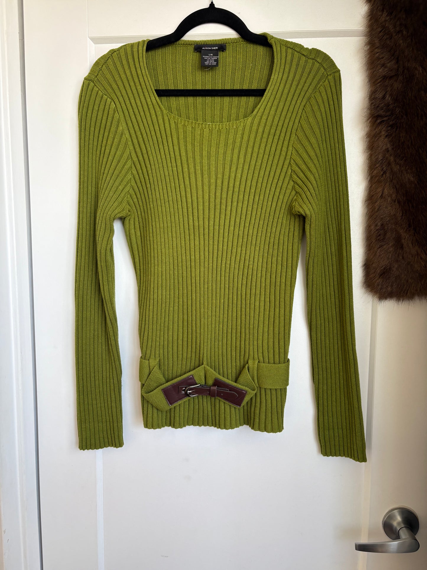 RIBBED CHARTREUSE SWEATER WITH BUILT IN BELT - L