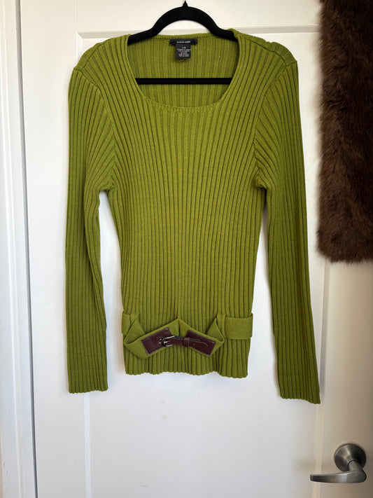 RIBBED CHARTREUSE SWEATER WITH BUILT IN BELT - L