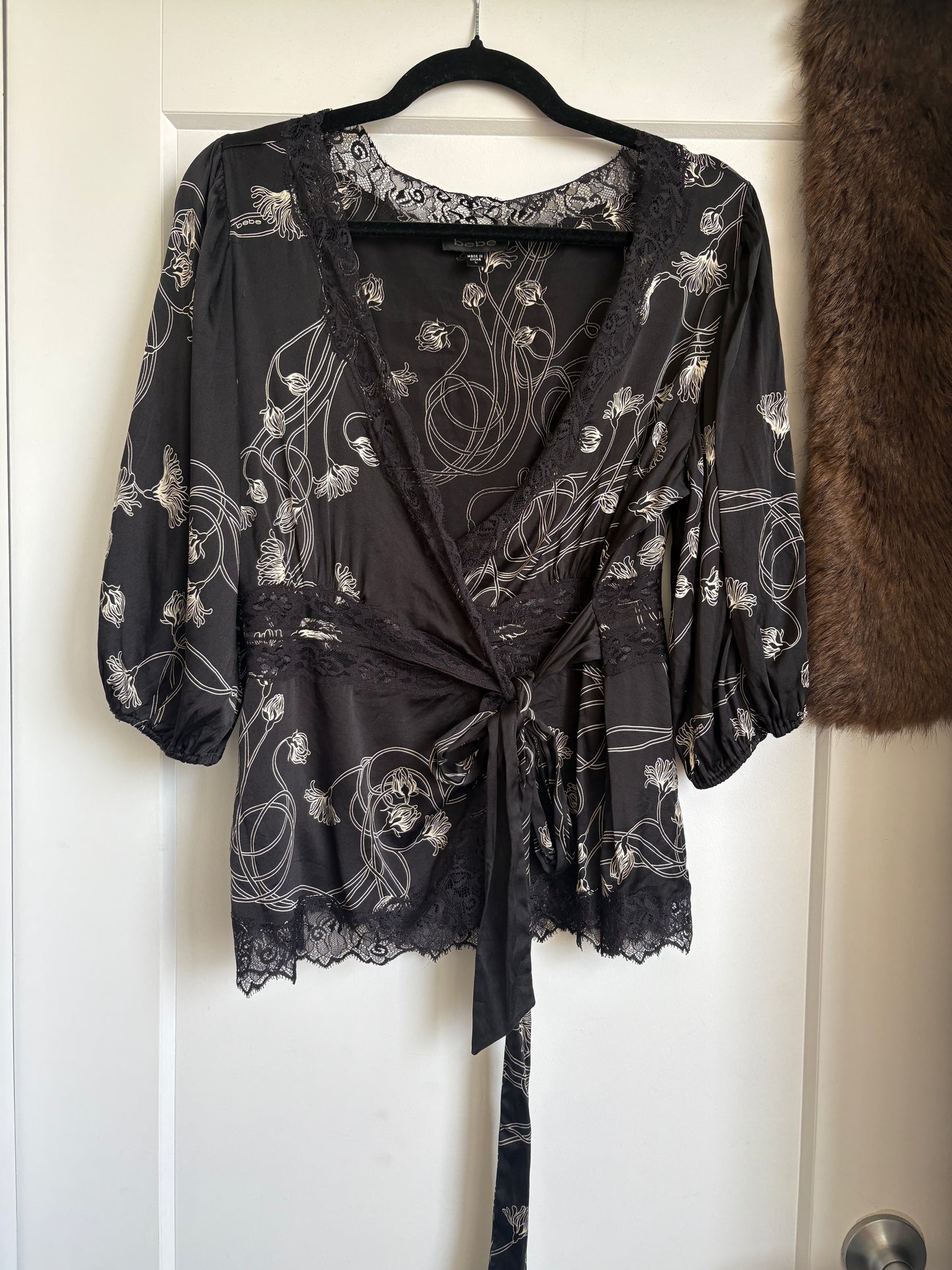 VINTAGE BEBE SATIN WRAP TOP - S