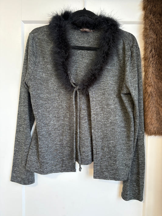 VINTAGE GREY CARDIGAN WITH FEATHER TRIM