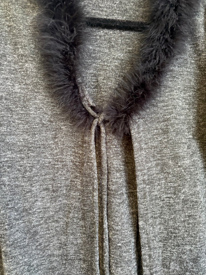 VINTAGE GREY CARDIGAN WITH FEATHER TRIM