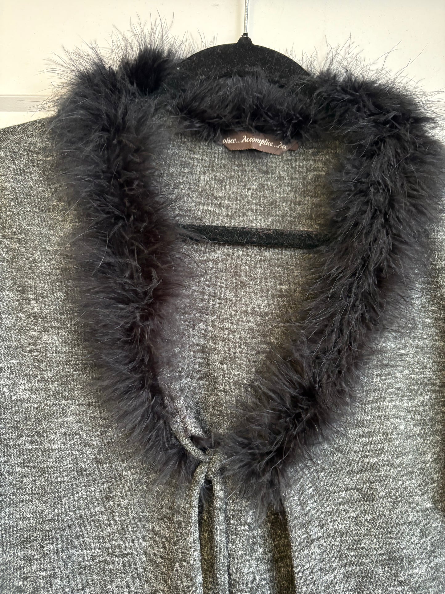 VINTAGE GREY CARDIGAN WITH FEATHER TRIM