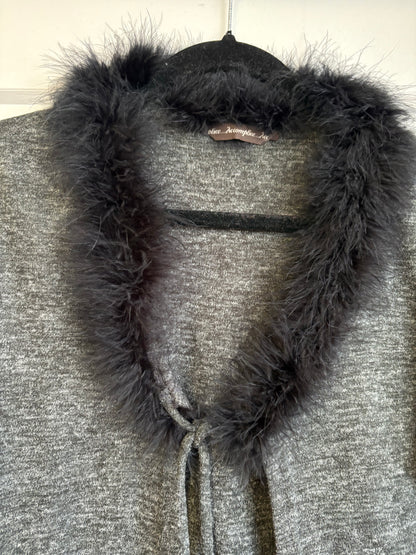 VINTAGE GREY CARDIGAN WITH FEATHER TRIM