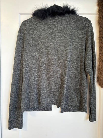 VINTAGE GREY CARDIGAN WITH FEATHER TRIM