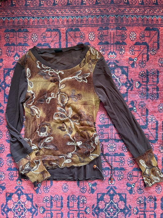 VINTAGE TRIBAL LONG SLEEVE MESH TOP - S