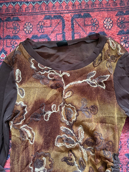 VINTAGE TRIBAL LONG SLEEVE MESH TOP - S