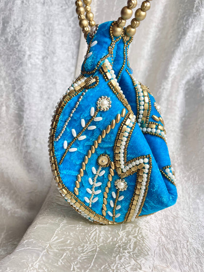 BLUE ZARI VELVET POTLI BAG