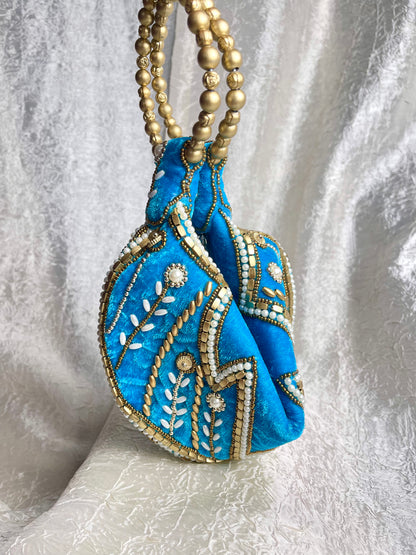 BLUE ZARI VELVET POTLI BAG