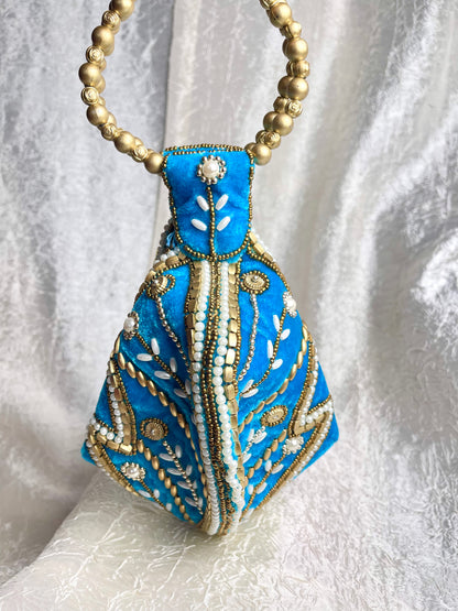 BLUE ZARI VELVET POTLI BAG