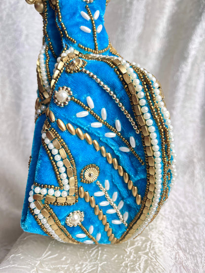 BLUE ZARI VELVET POTLI BAG