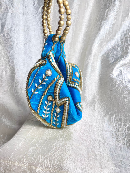 BLUE ZARI VELVET POTLI BAG